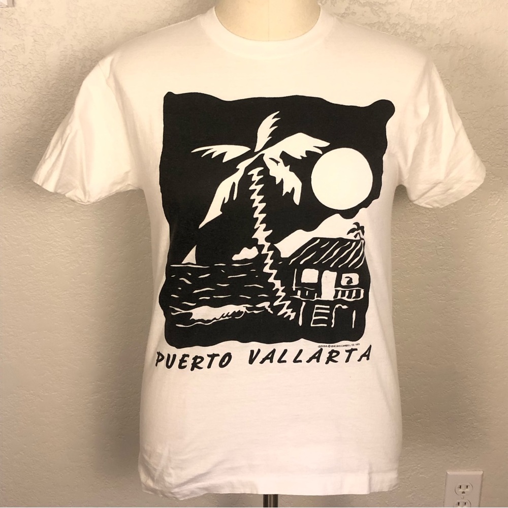 Vintage 90s Puerto Vallarta T-shirt Medium White Black Graphic BYE BYE Tee